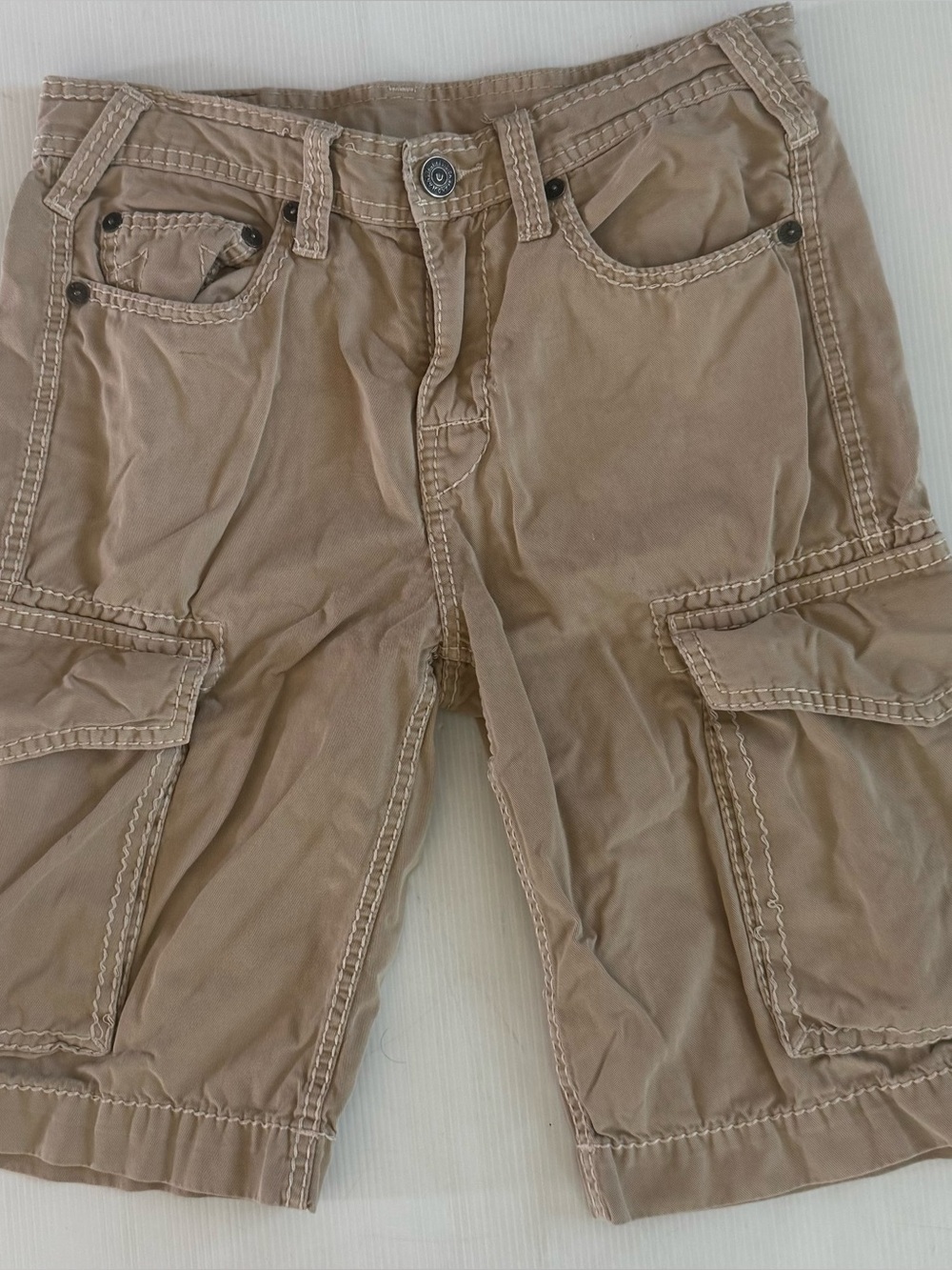Vintage True Religion Men's Cargo Shorts Big Stitch Size 28 Beige Tan Y2K